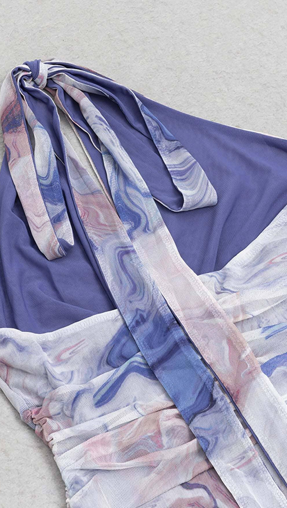 MARBLE PRINT BACKLESS RUFFLE MIDI DRESS