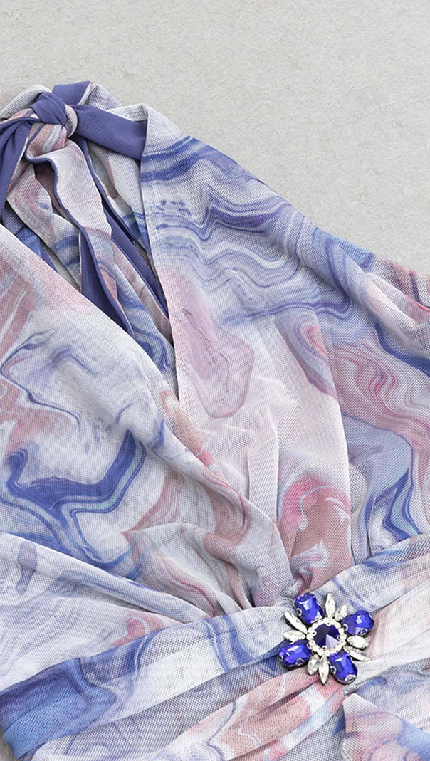 AIIZIE MARBLE PRINT BACKLESS RUFFLE MIDI DRESS - product image