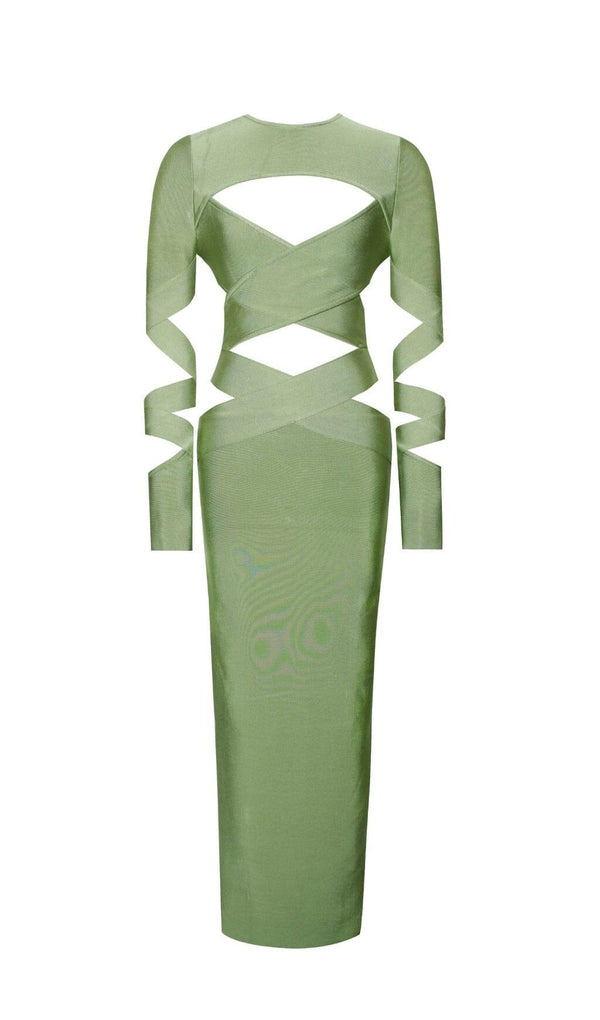 MAXI LONG SLEEVE BANDAGE DRESS IN GREEN