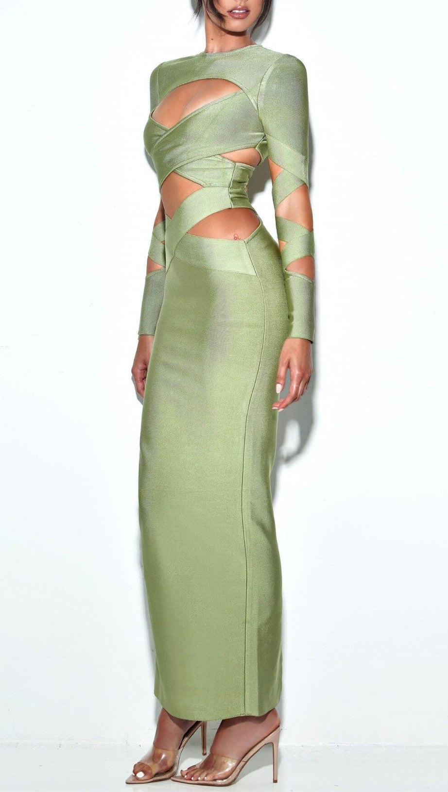 MAXI LONG SLEEVE BANDAGE DRESS IN GREEN