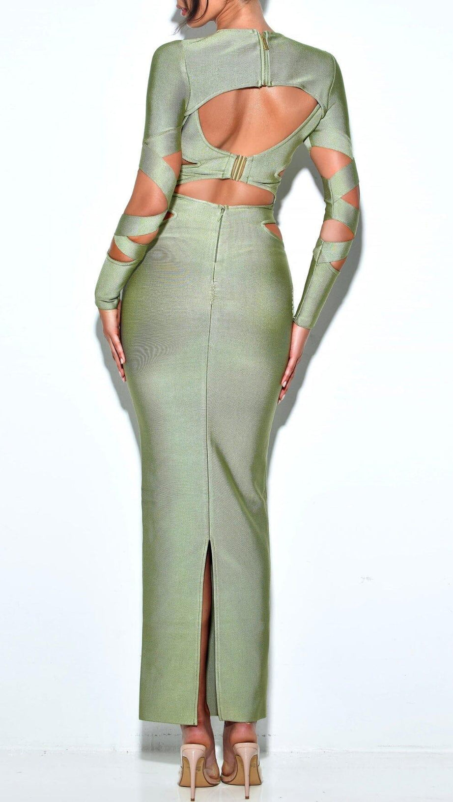 MAXI LONG SLEEVE BANDAGE DRESS IN GREEN