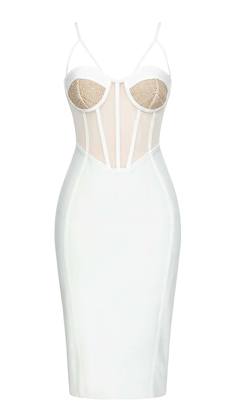 MESH CORSET BODYCON MIDI DRESS IN WHITE