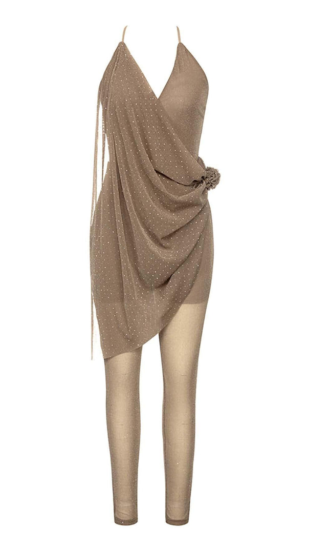 AIIZIE MESH PLUNGE JUMPSUIT IN BROWN - product image
