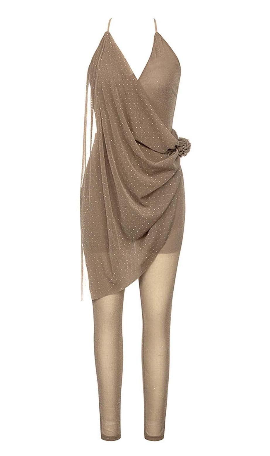 MESH PLUNGE JUMPSUIT IN BROWN