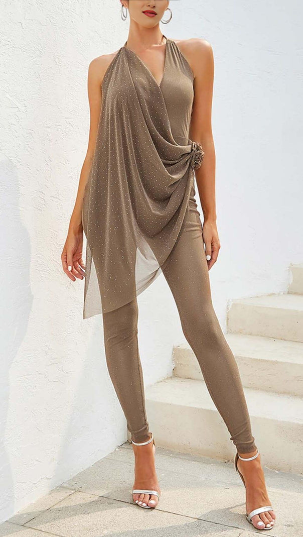 AIIZIE MESH PLUNGE JUMPSUIT IN BROWN - product image
