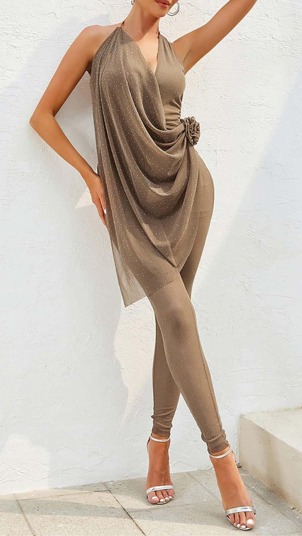 AIIZIE MESH PLUNGE JUMPSUIT IN BROWN - product image