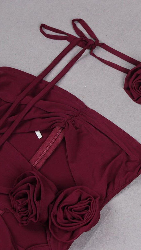 WINE FLORAL EMBELLISHED MINI DRESS