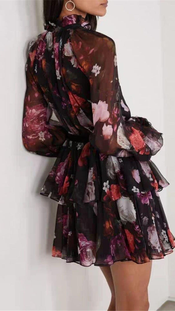 AIIZIE STAND COLLAR LANTERN SLEEVE HIGH WAIST VINTAGE DRESS - product image