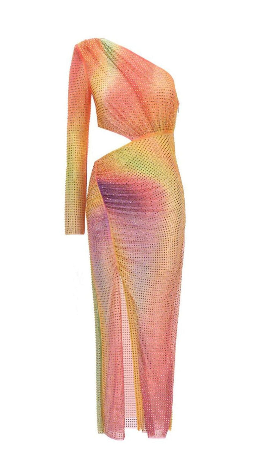 MESH RHINESTONE ONE SHOULDER MIDI DRESS IN COTTON CANDY