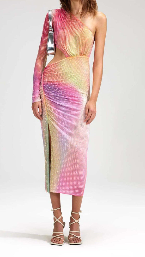 AIIZIE MESH RHINESTONE ONE SHOULDER MIDI DRESS IN COTTON CANDY - product image