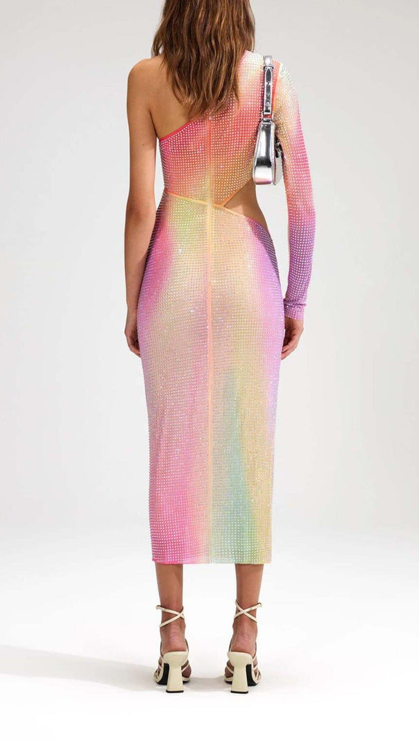 AIIZIE MESH RHINESTONE ONE SHOULDER MIDI DRESS IN COTTON CANDY - product image