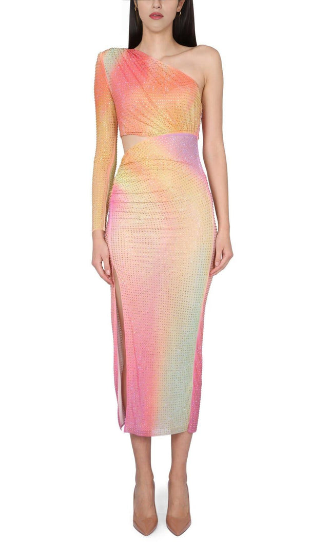 AIIZIE MESH RHINESTONE ONE SHOULDER MIDI DRESS IN COTTON CANDY - product image