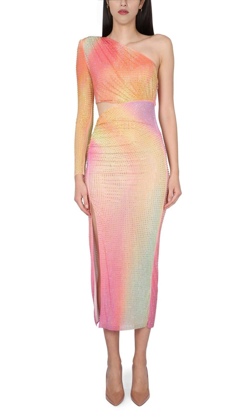 MESH RHINESTONE ONE SHOULDER MIDI DRESS IN COTTON CANDY