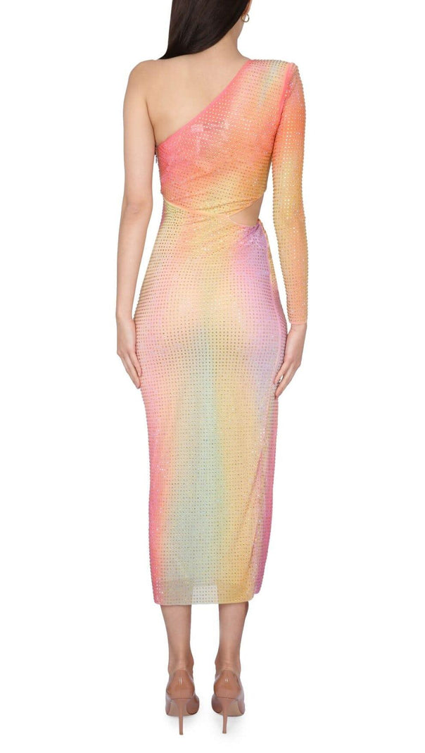 AIIZIE MESH RHINESTONE ONE SHOULDER MIDI DRESS IN COTTON CANDY - product image