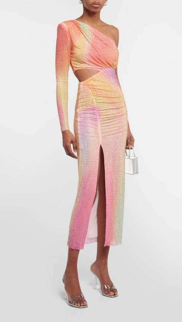AIIZIE MESH RHINESTONE ONE SHOULDER MIDI DRESS IN COTTON CANDY - product image