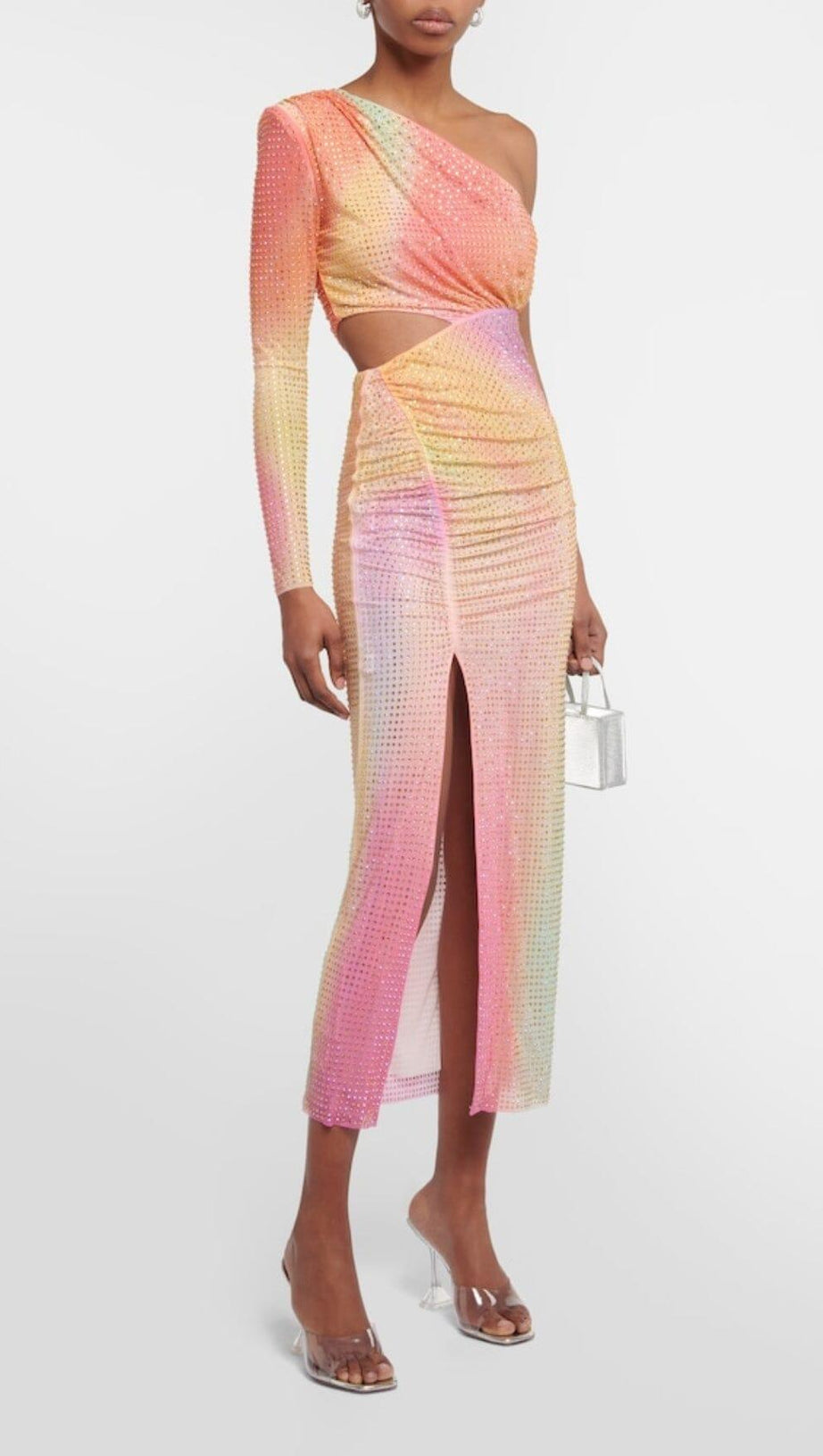 MIDIKLEID AUS MESH MIT STRASS UND EINER SCHULTER IN ZUCKERWATTE