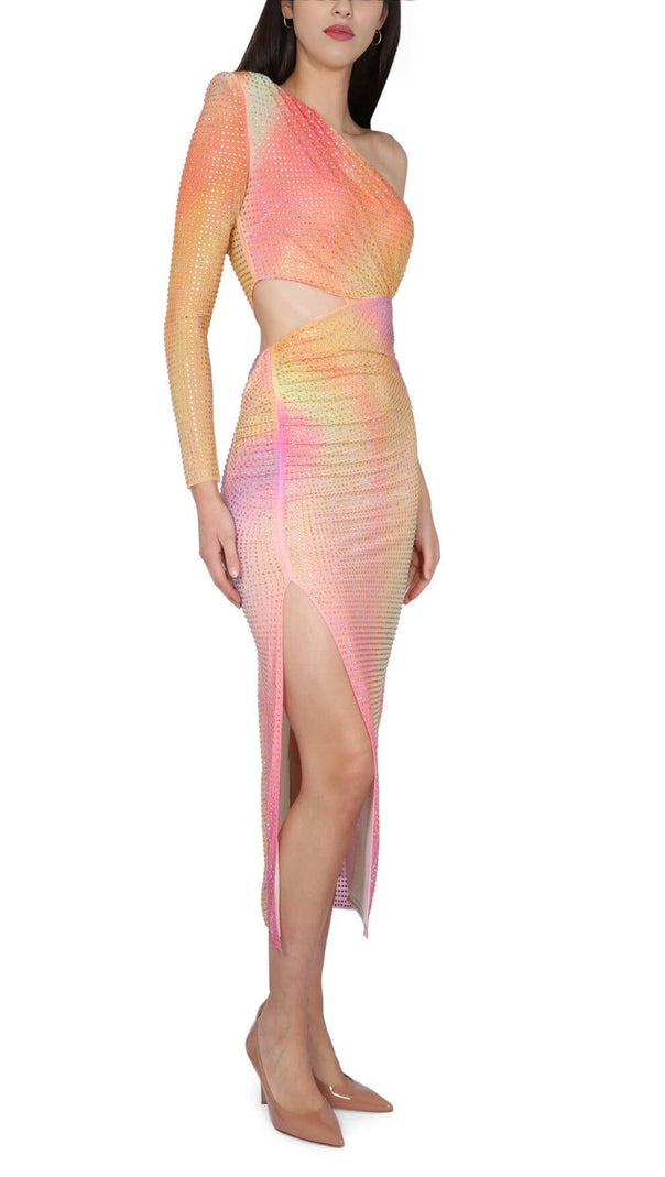 AIIZIE MESH RHINESTONE ONE SHOULDER MIDI DRESS IN COTTON CANDY - product image