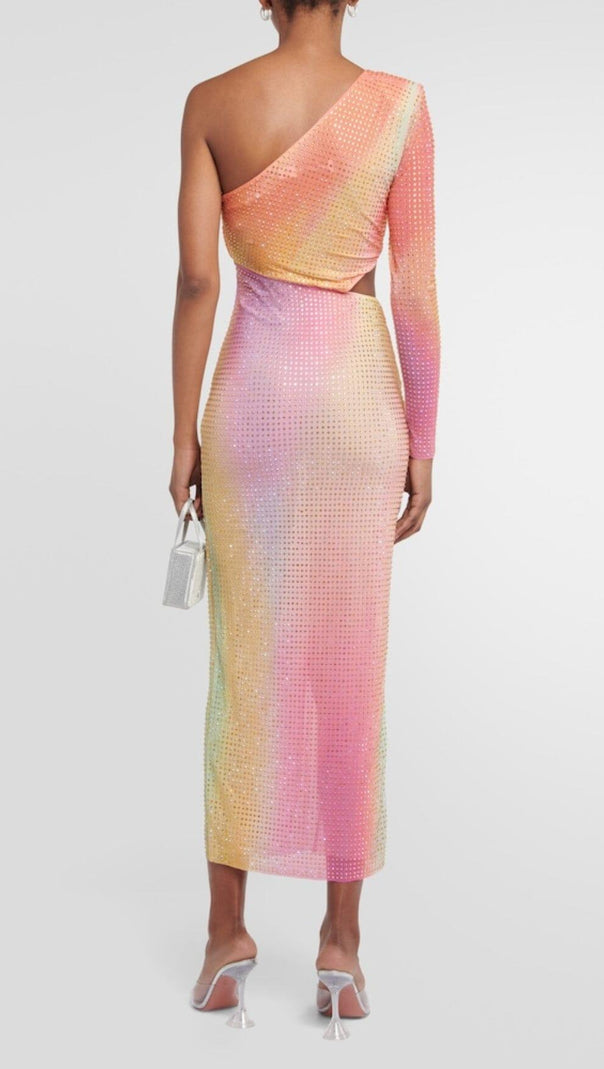 AIIZIE MESH RHINESTONE ONE SHOULDER MIDI DRESS IN COTTON CANDY - product image