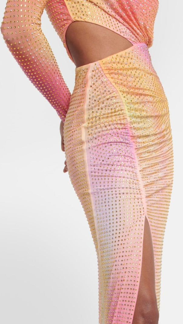 ABITO MIDI MONOSPALLA CON STRASS IN RETE COLOR ZUCCHERO FILATO