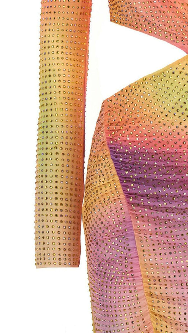 ABITO MIDI MONOSPALLA CON STRASS IN RETE COLOR ZUCCHERO FILATO