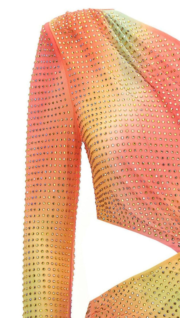 ABITO MIDI MONOSPALLA CON STRASS IN RETE COLOR ZUCCHERO FILATO