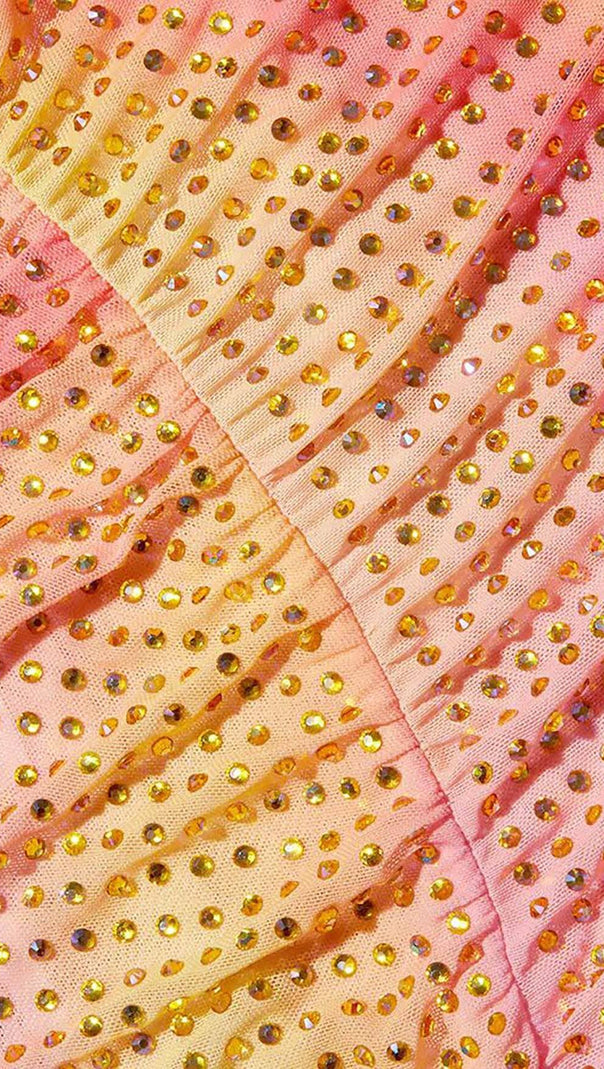 ABITO MIDI MONOSPALLA CON STRASS IN RETE COLOR ZUCCHERO FILATO