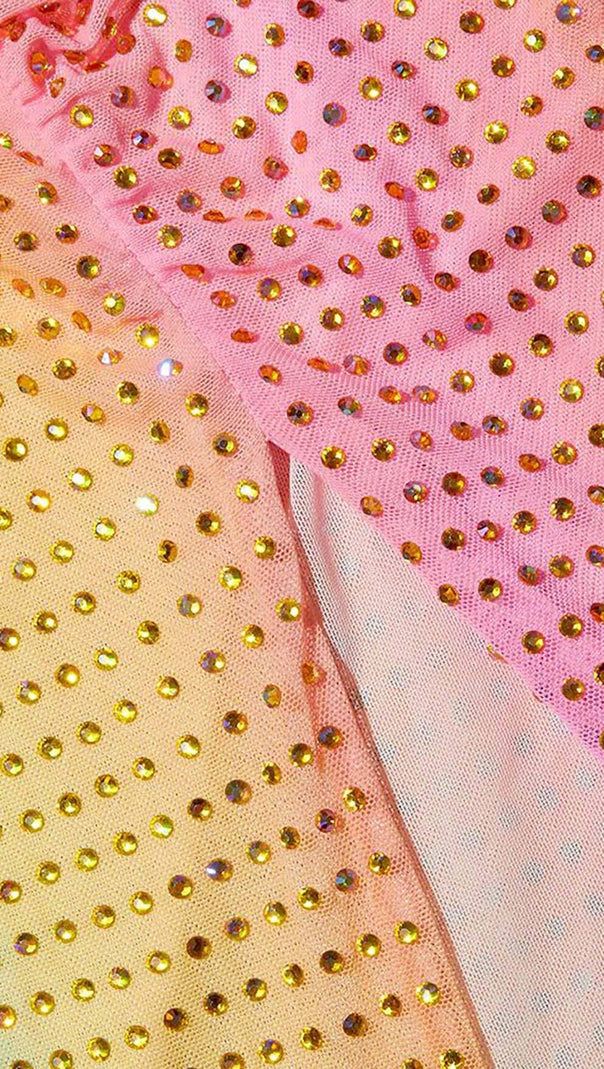 ABITO MIDI MONOSPALLA CON STRASS IN RETE COLOR ZUCCHERO FILATO