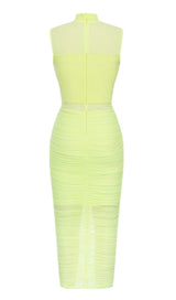 MESH RUCHED MIDI DRESS IN CHARTREUSE