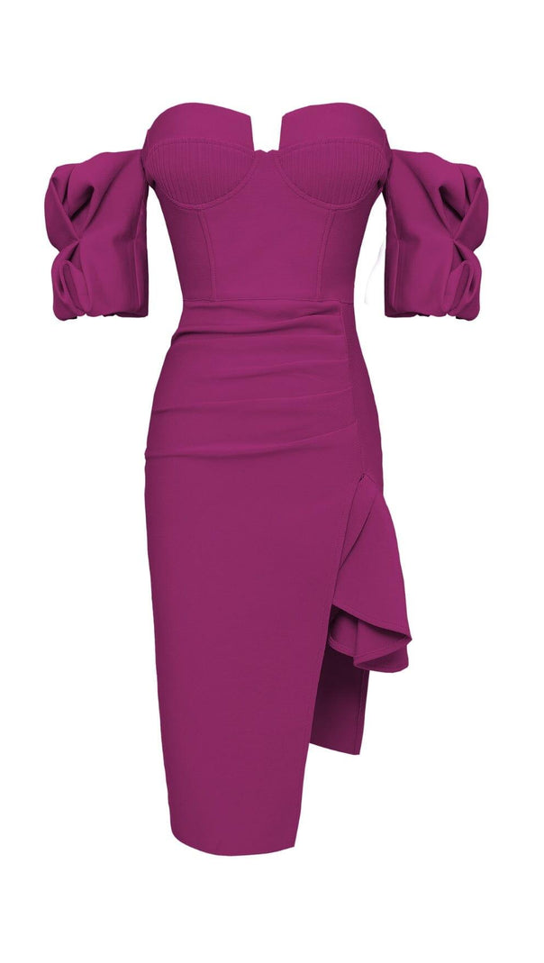 AIIZIE STRAPLESS DRAPED SLEEVE SLITS BANDAGE DRESS IN ROSE RED - product image