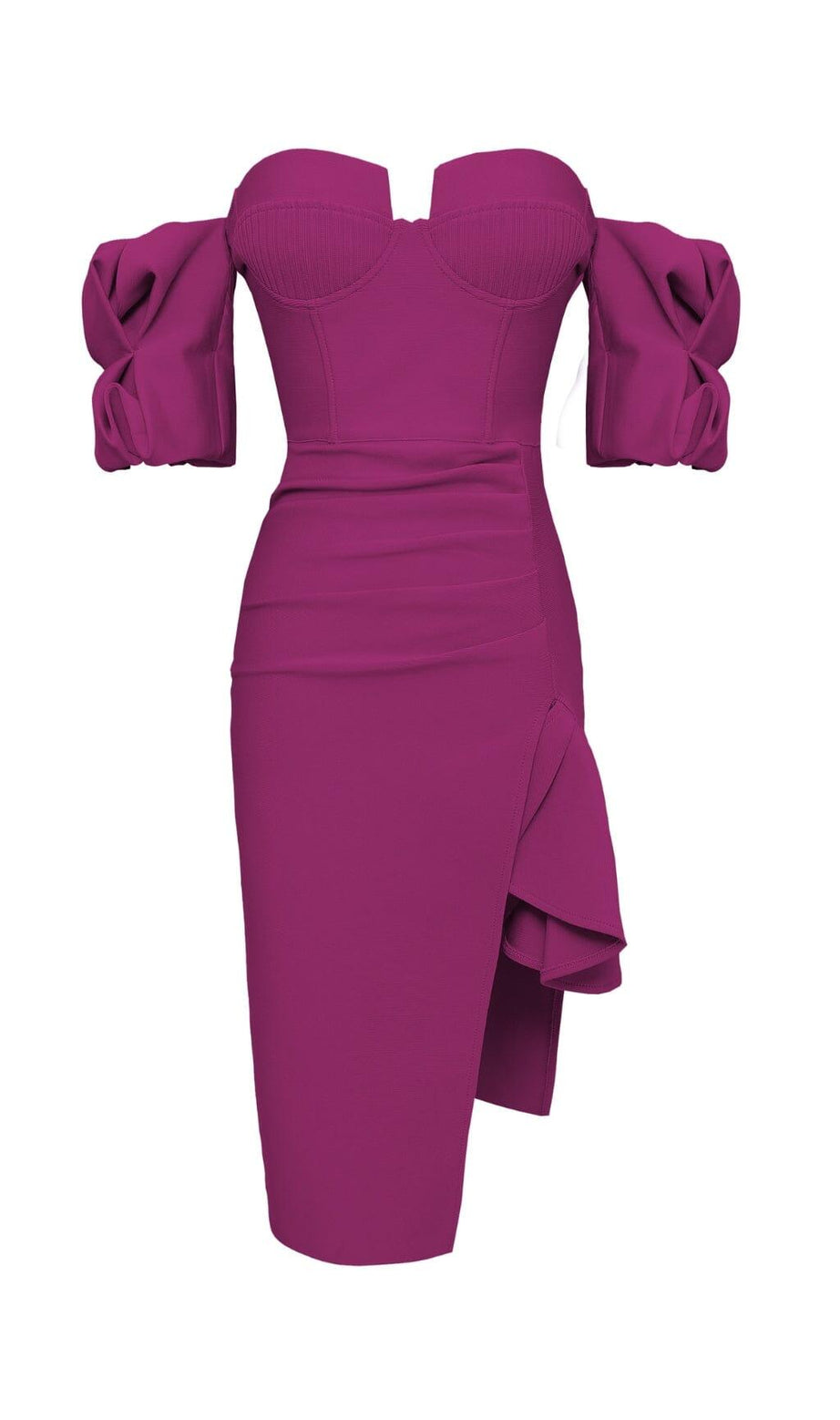 ABITO BENDAGGIO CON SPACCHI E MANICHE DRAPPEGGIATE SENZA SPALLINE IN ROSSO ROSA
