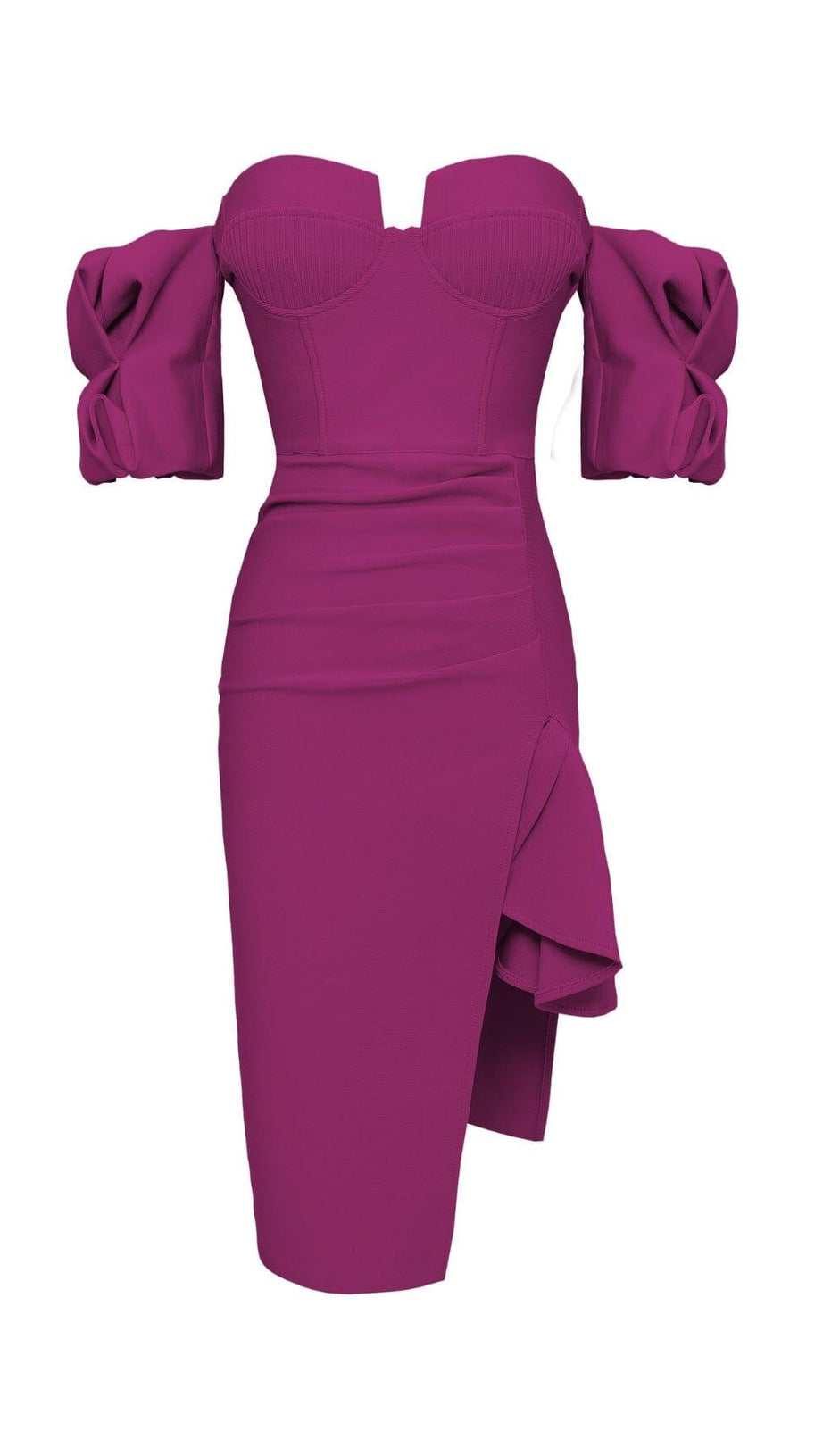 STRAPLESS DRAPED SLEEVE SLITS BANDAGE DRESS IN ROSE RED