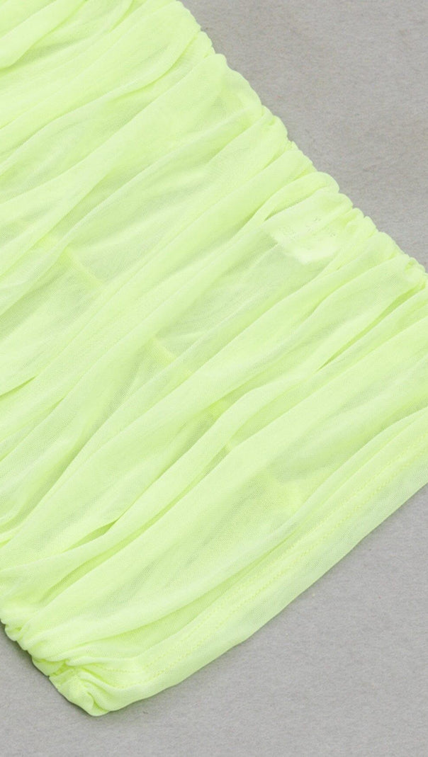 AIIZIE MESH RUCHED MIDI DRESS IN CHARTREUSE - product image