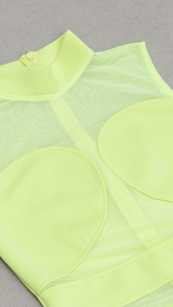 AIIZIE MESH RUCHED MIDI DRESS IN CHARTREUSE - product image