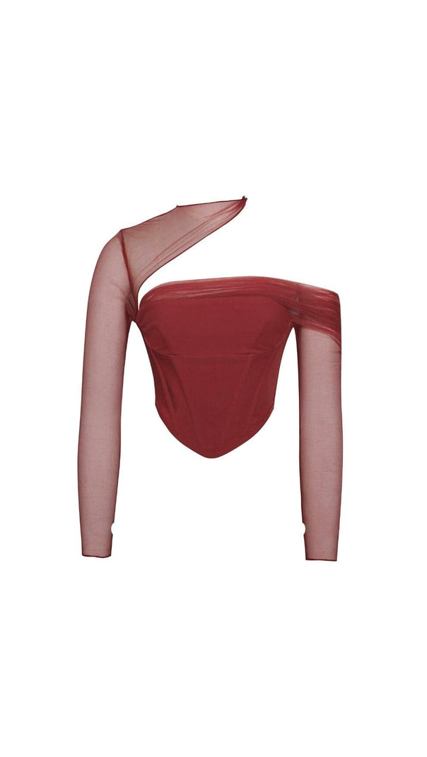 AIIZIE MIAH BURGUNDY STRETCH MESH SLEEVE CORSET TOP - product image