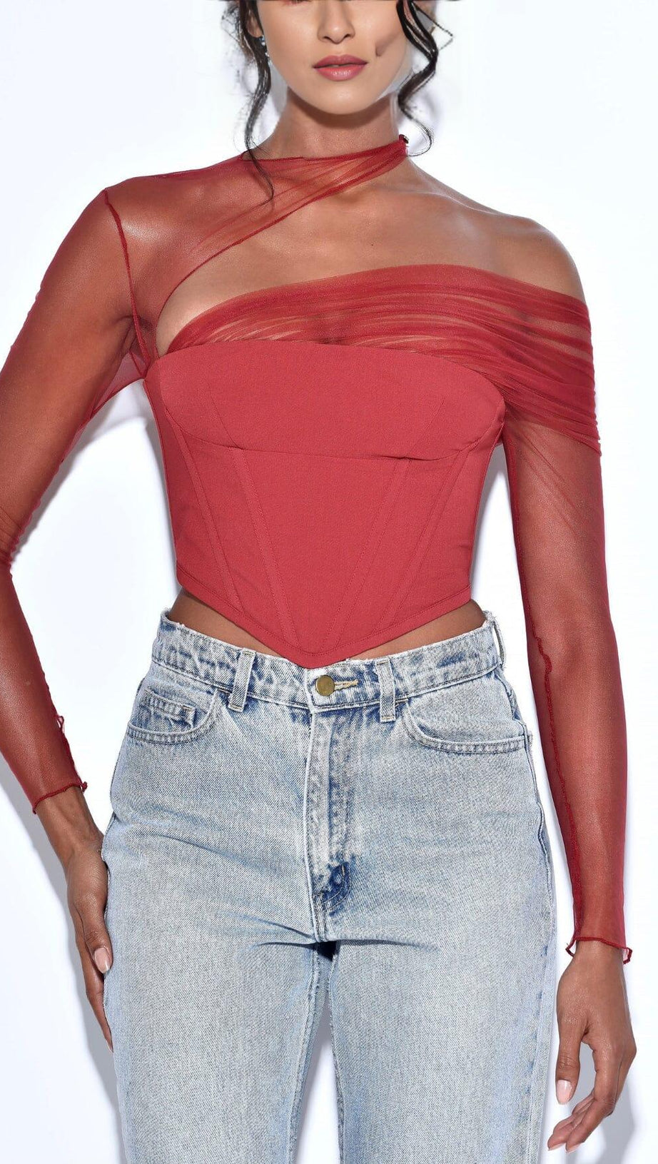 MIAH BURGUNDY STRETCH MESH SLEEVE CORSET TOP