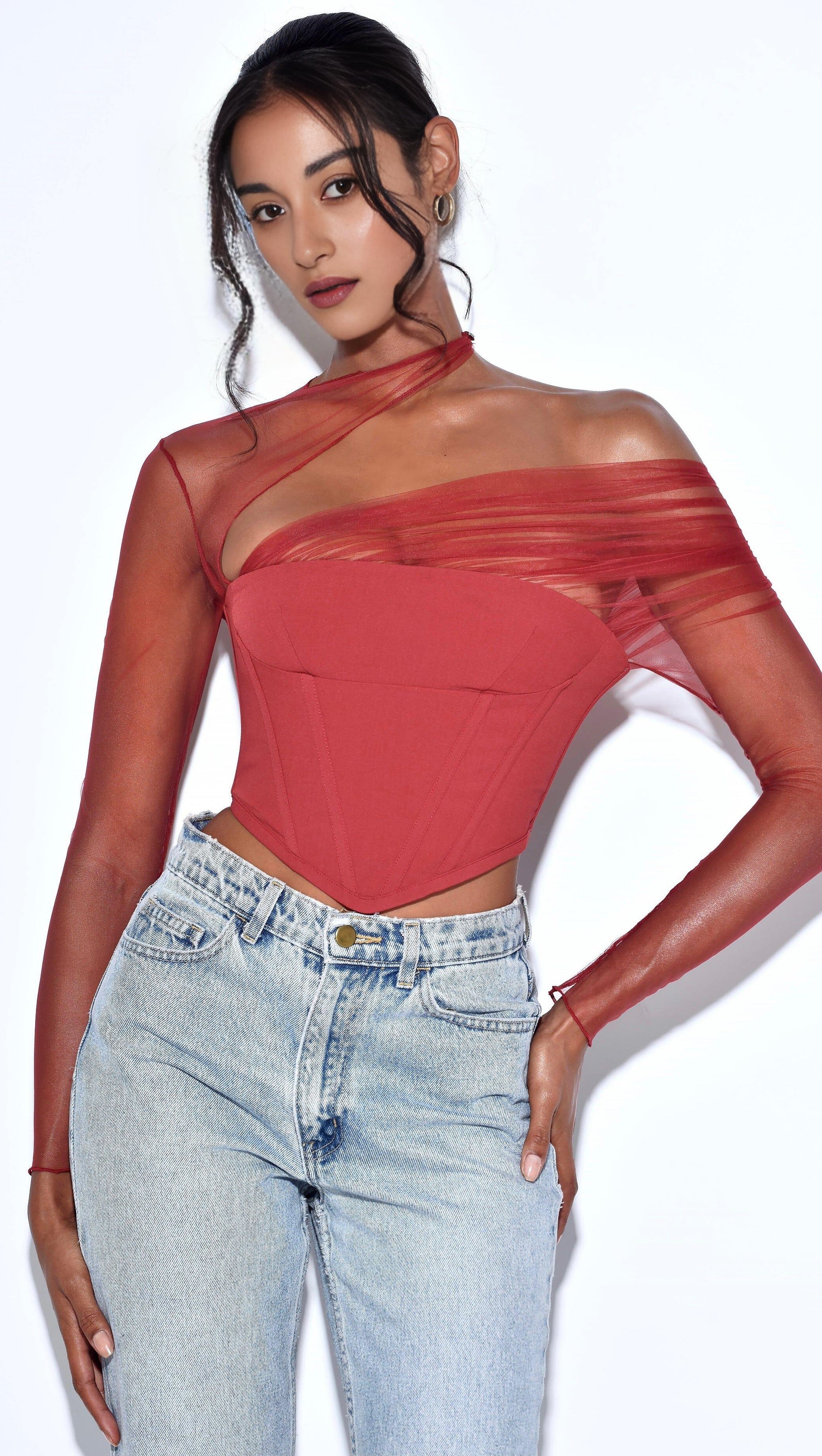 MIAH BURGUNDY STRETCH MESH SLEEVE CORSET TOP