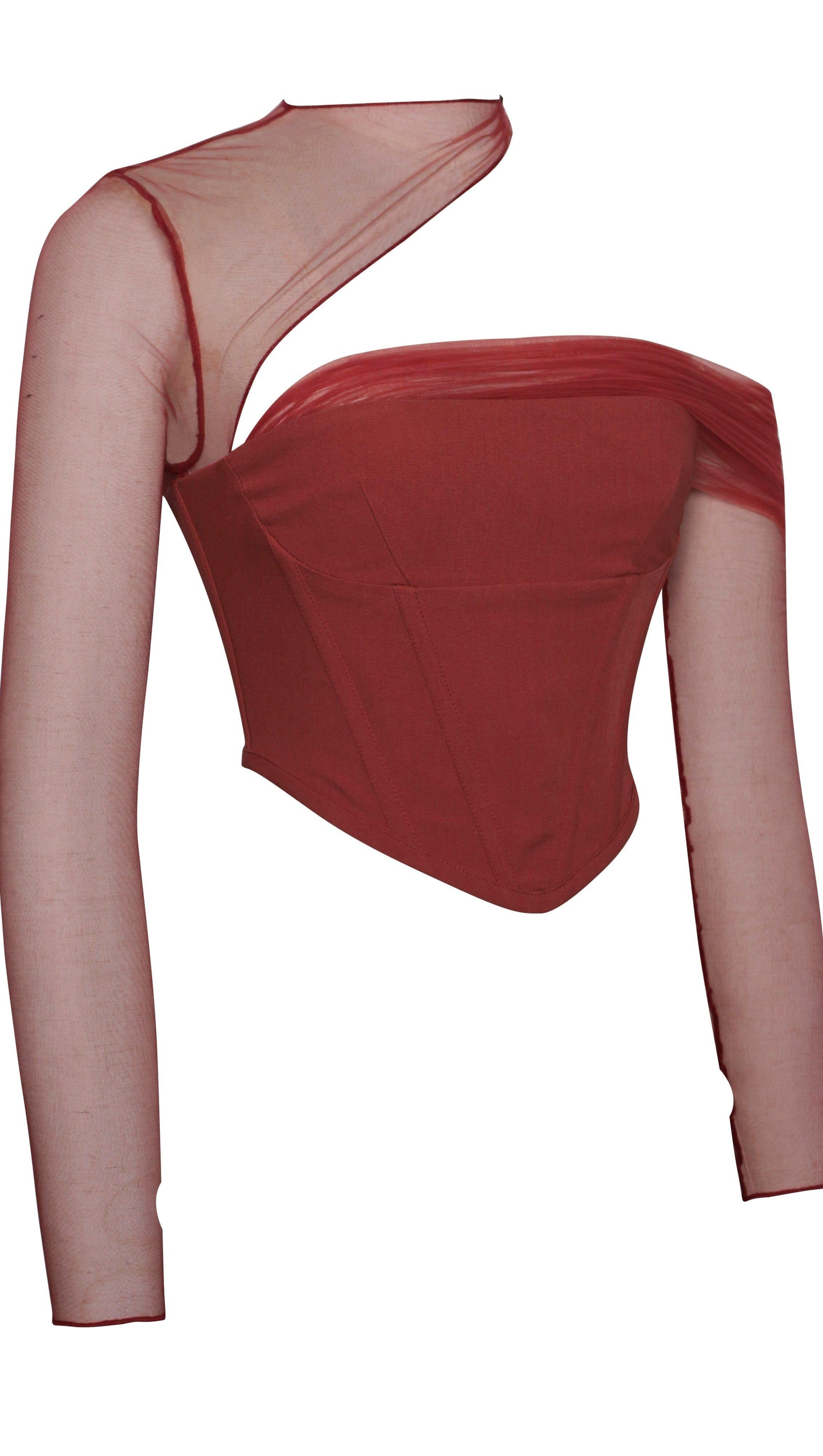 MIAH BURGUNDY STRETCH MESH SLEEVE CORSET TOP