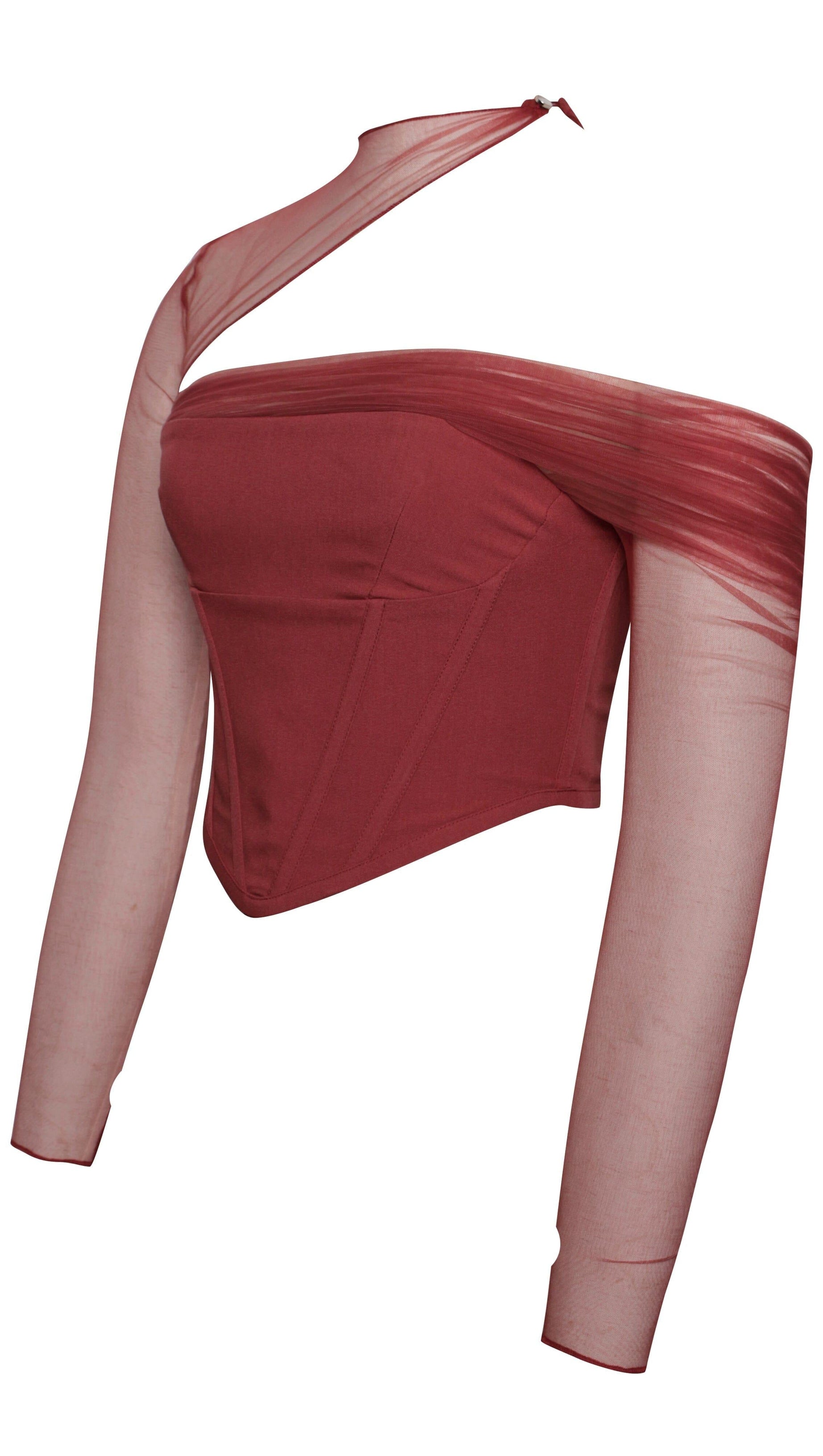 MIAH BURGUNDY STRETCH MESH SLEEVE CORSET TOP