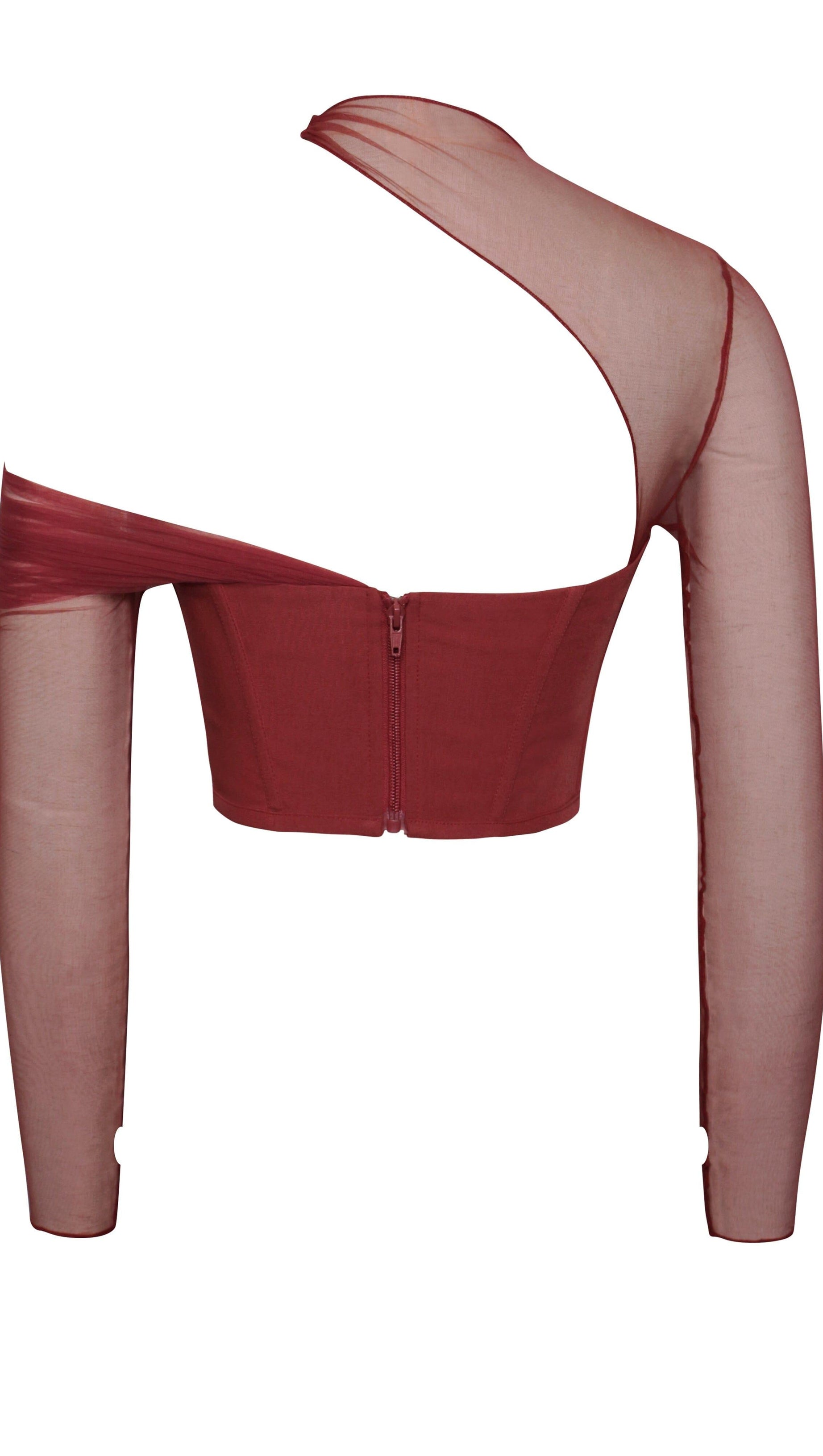 MIAH BURGUNDY STRETCH MESH SLEEVE CORSET TOP