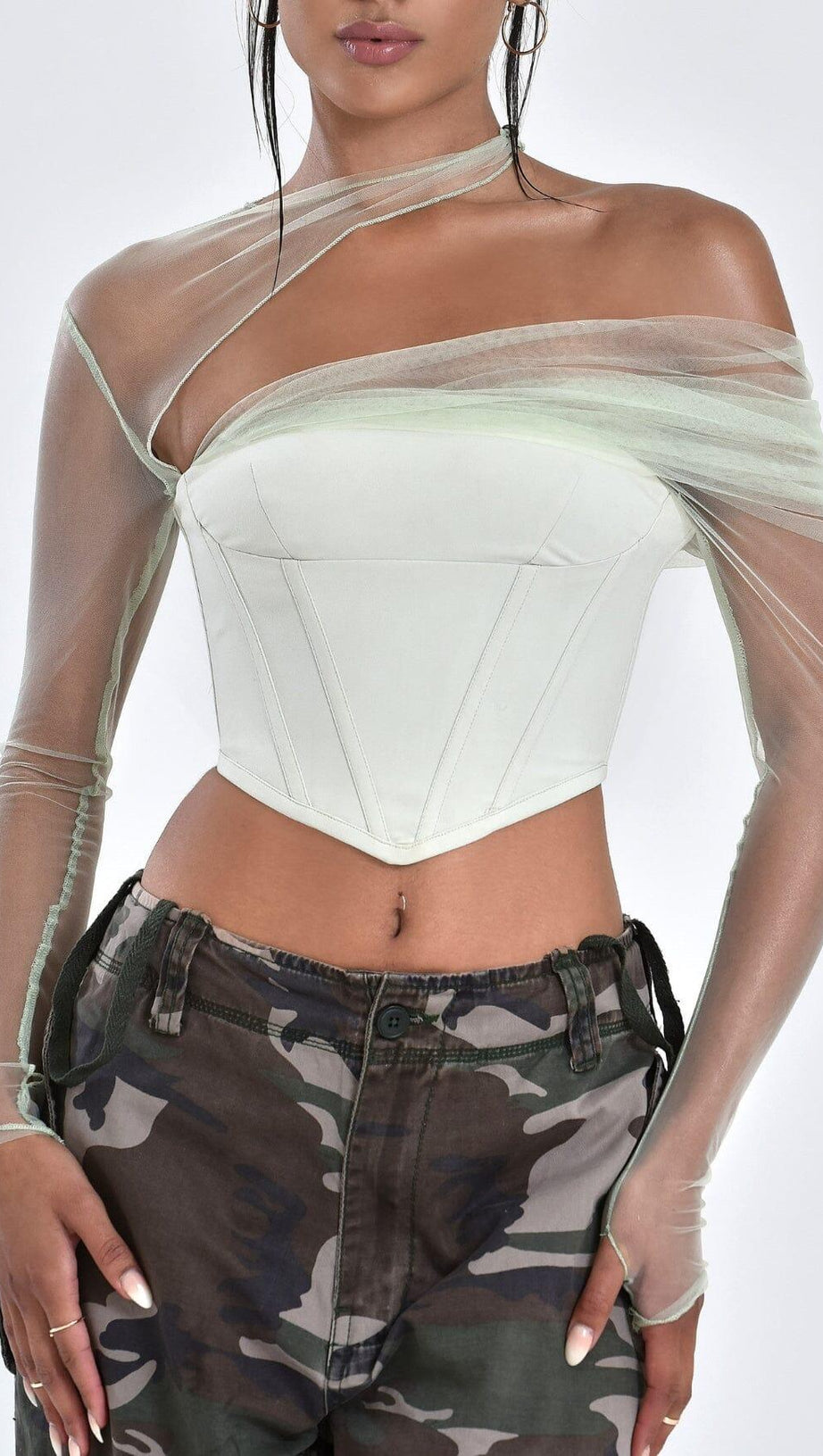 MIAH MINT STRETCH MESH SLEEVE CORSET TOP