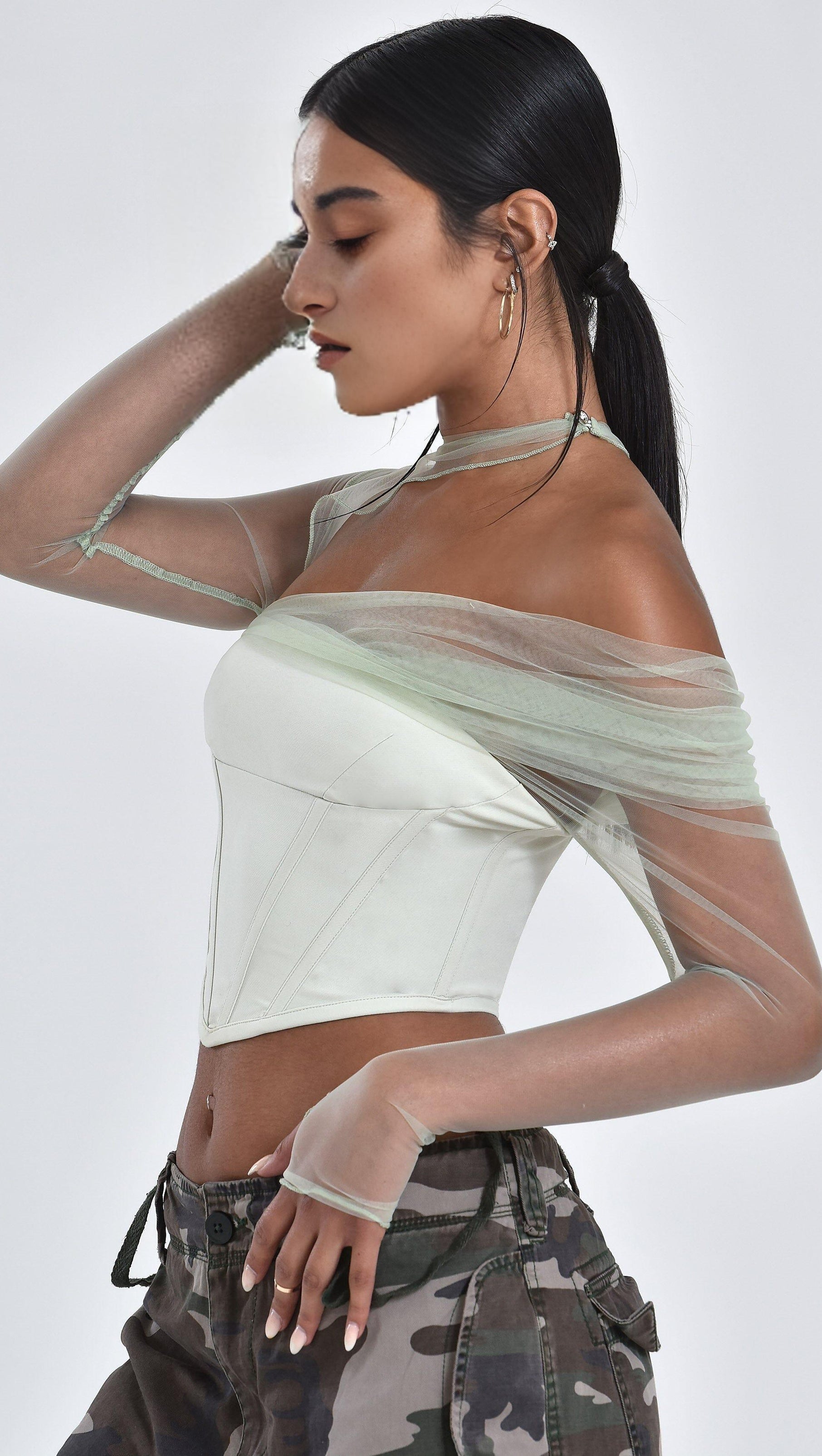 AIIZIE MIAH MINT STRETCH MESH SLEEVE CORSET TOP - product image