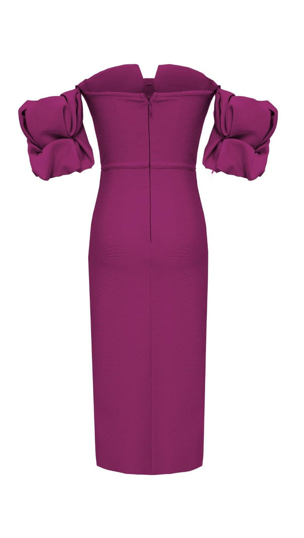 AIIZIE STRAPLESS DRAPED SLEEVE SLITS BANDAGE DRESS IN ROSE RED - product image