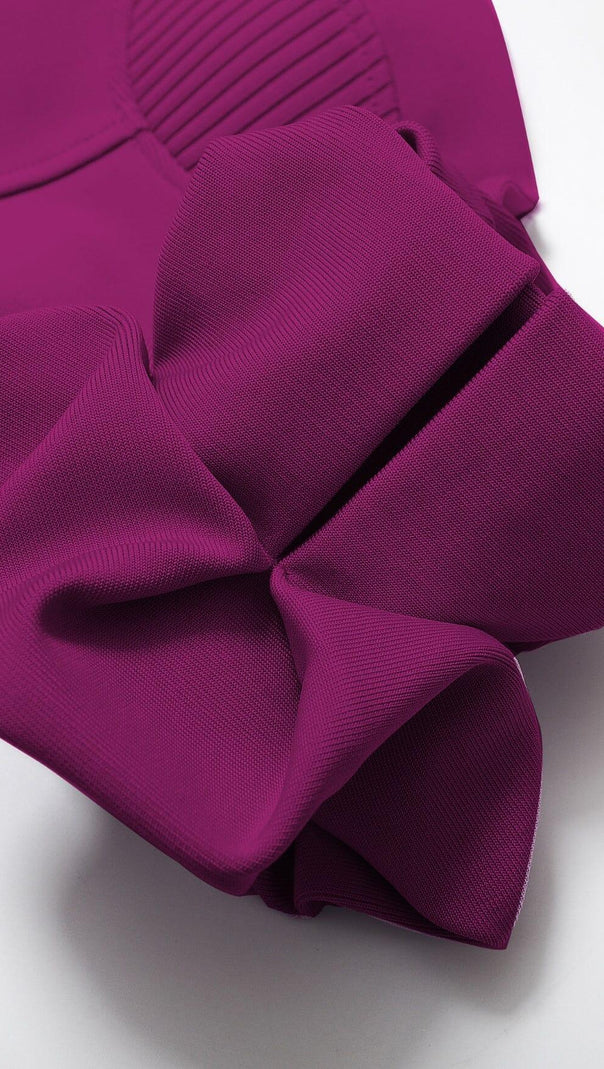 AIIZIE STRAPLESS DRAPED SLEEVE SLITS BANDAGE DRESS IN ROSE RED - product image