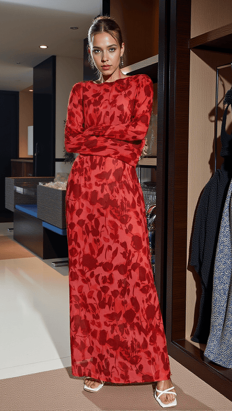 CECILY LONG SLEEVE ROSE PRINTED MAXI DRESS