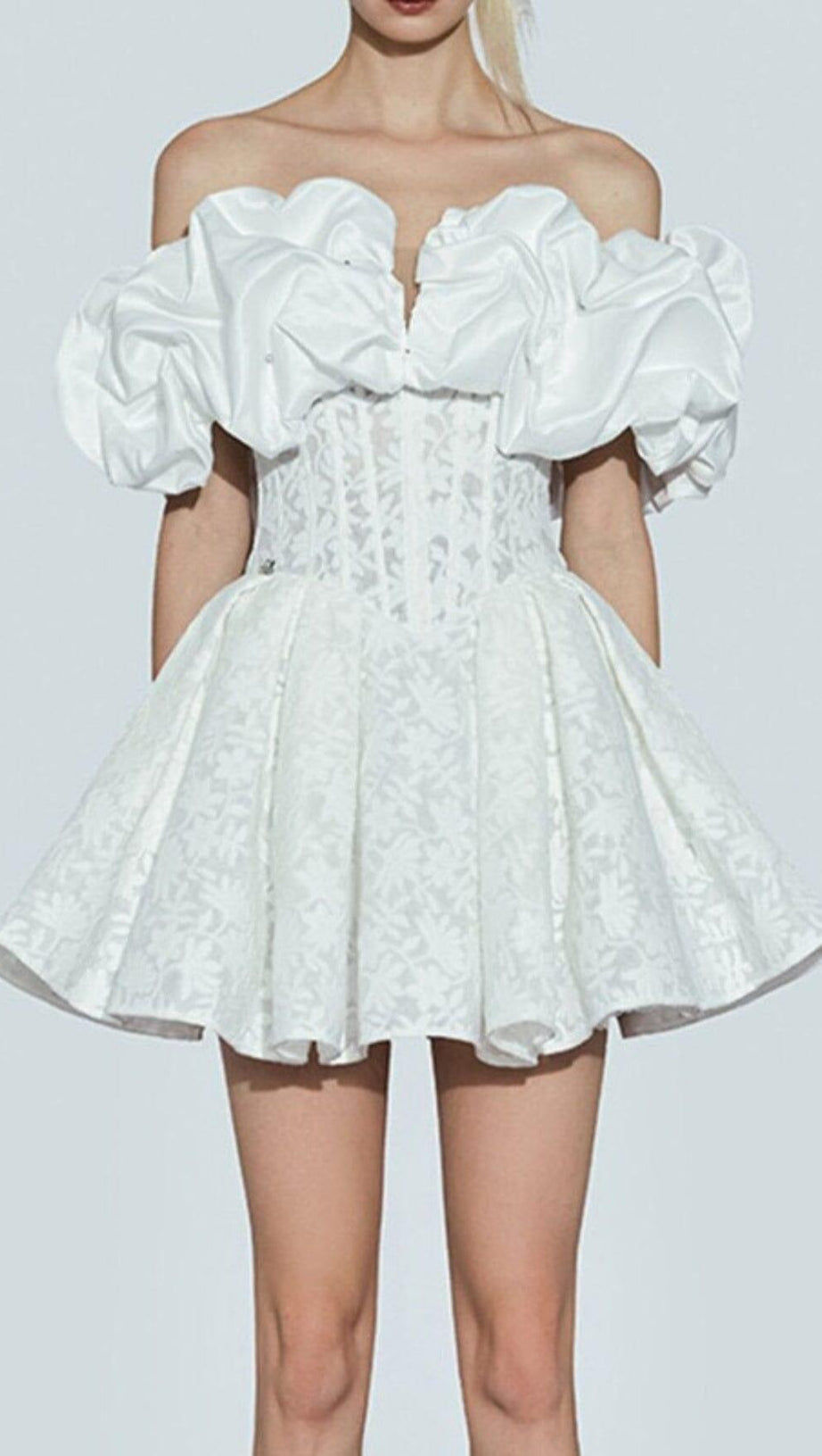 OFF SHOULDER CORSET MINI DRESS IN WHITE