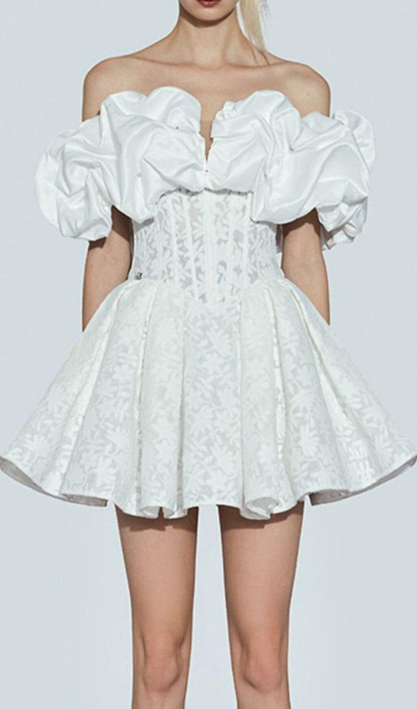 OFF SHOULDER CORSET MINI DRESS IN WHITE