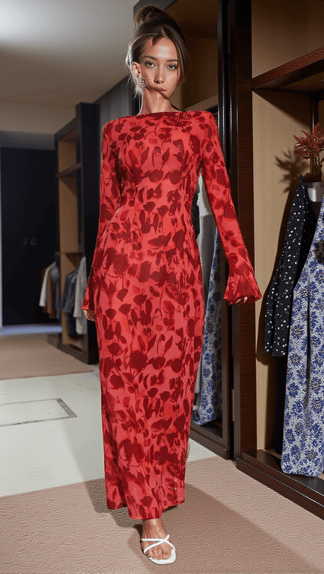 CECILY LONG SLEEVE ROSE PRINTED MAXI DRESS