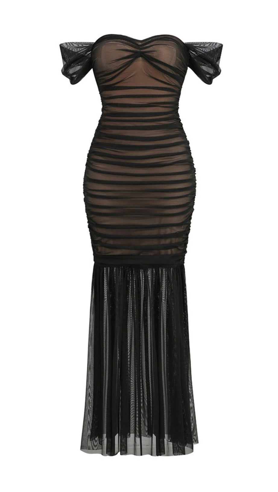 OFF SHOULDER MESH RUCHED MAXI DRESS