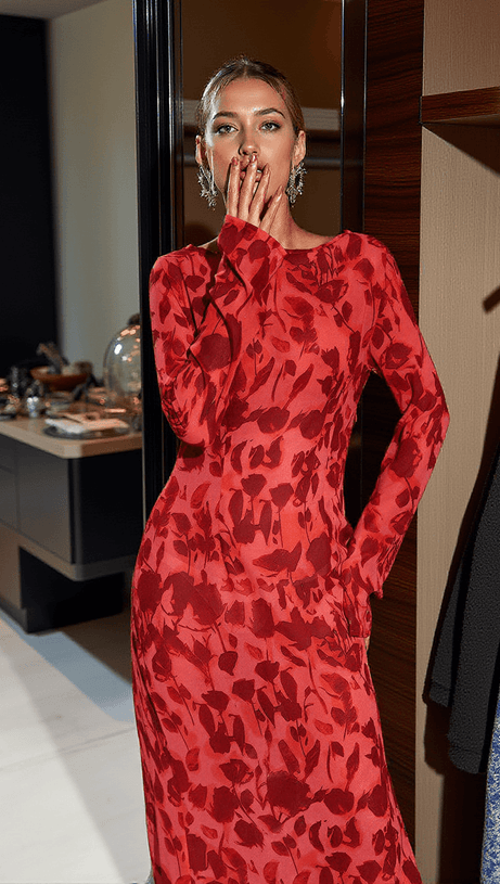 CECILY LONG SLEEVE ROSE PRINTED MAXI DRESS