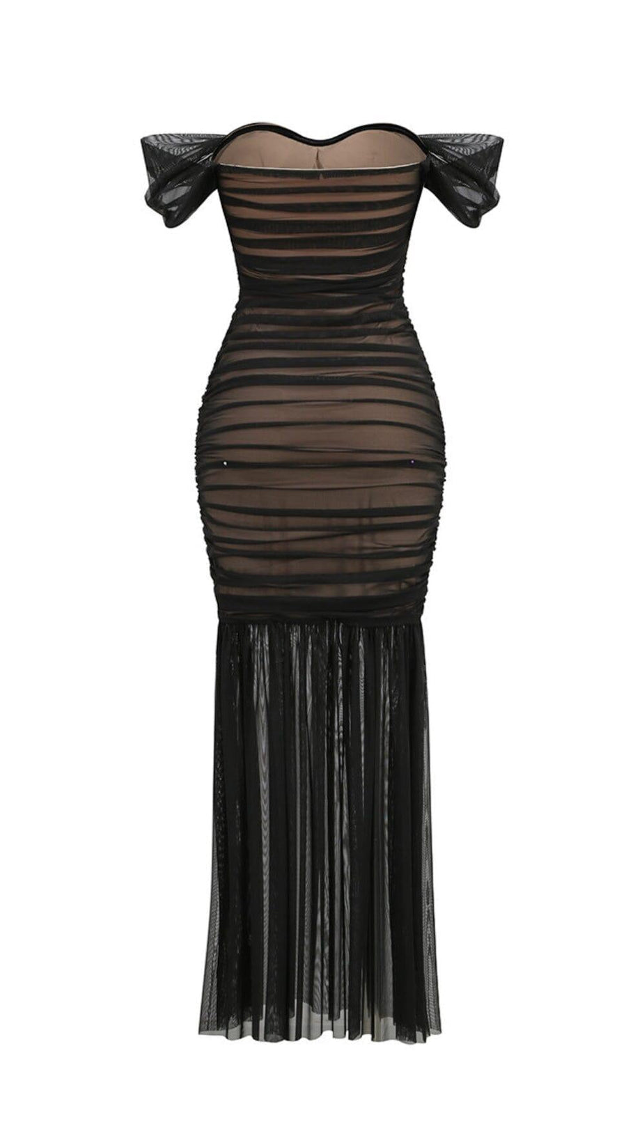OFF SHOULDER MESH RUCHED MAXI DRESS